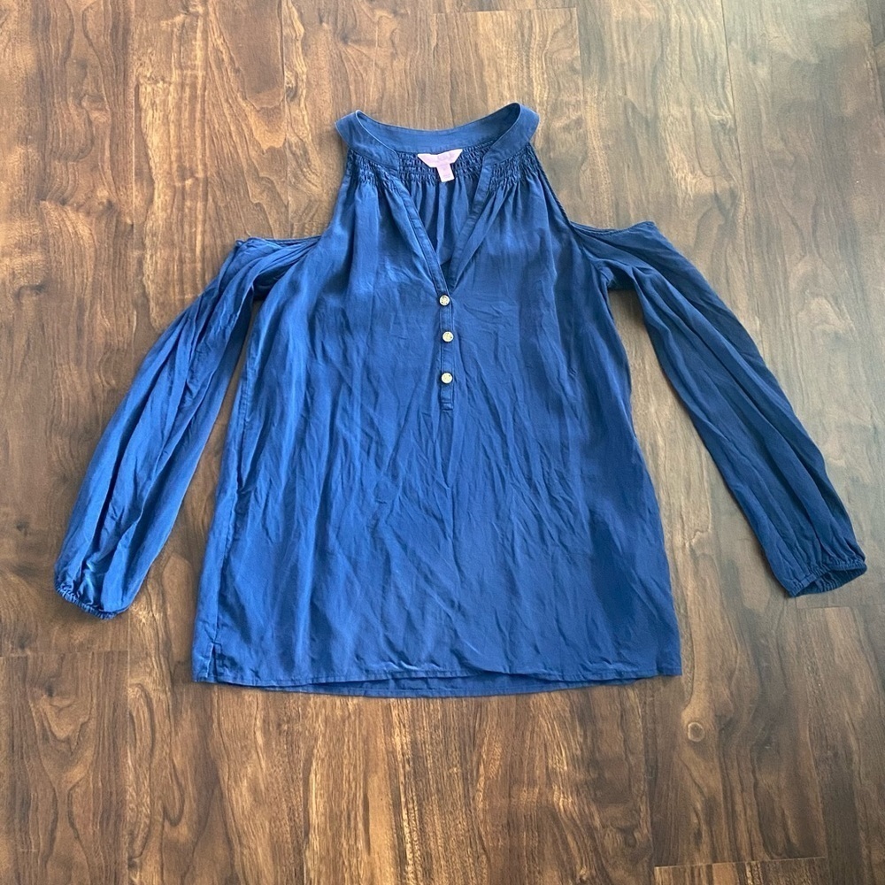 Lilly Pulitzer Sunny Shoulder Elsa Silk Top Navy Blue Size Small